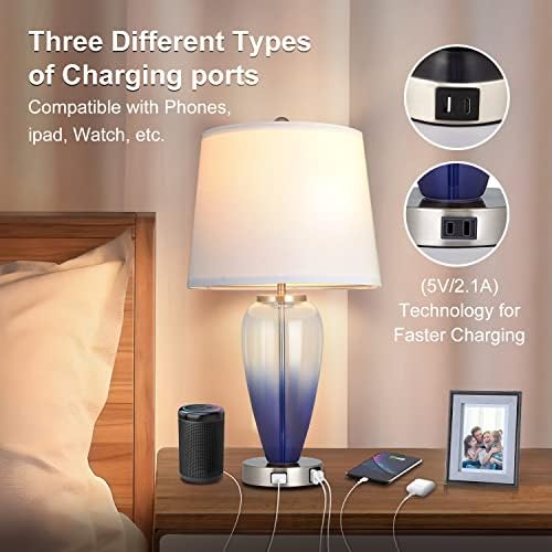 AKASUKI Kék Üveg, Modern asztali Lámpa, Nappali 2 USB Port, valamint Aljzat, 3-Way Szabályozható Touch