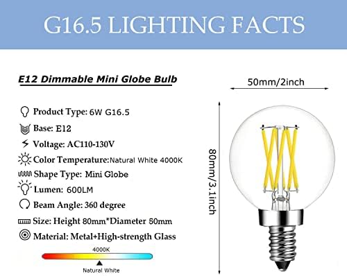 Szabályozható G16.5 LED-es Izzó,E12 Gyertyatartót 60 Watt Edison LED Izzók,4000K, Természetes Fehér, E12